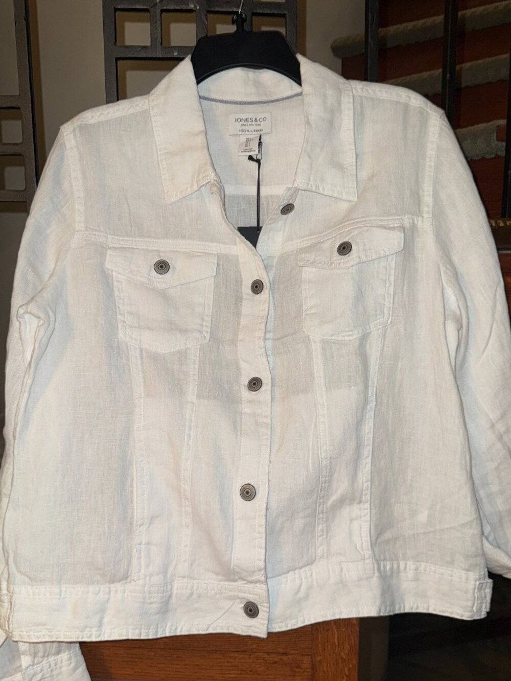 Jones New York 100% Linen Jacket Women's LARGE White Silver Button Front NWT